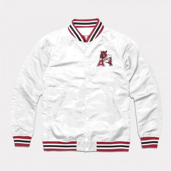 Arkansas Leaning Hog White Varsity Satin Jacket