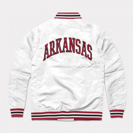 Arkansas Leaning Hog White Varsity Satin Jacket