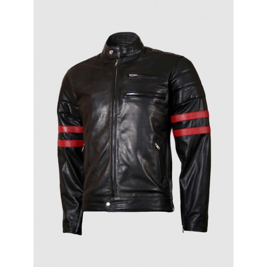 Biker Leather Jacket with Red Stripes