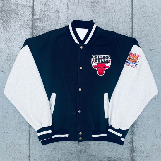 Black and White 1990’s Chicago Bulls Wool and Leather Varsity Jacket