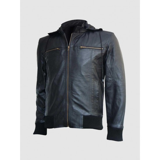 Black Hooded Leather Bomber Jacket