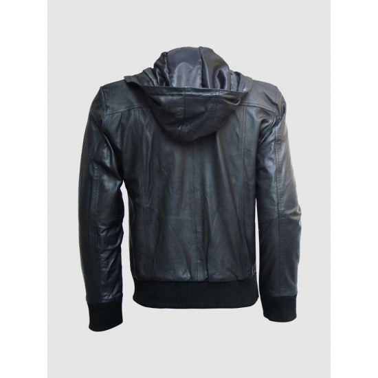 Black Hooded Leather Bomber Jacket