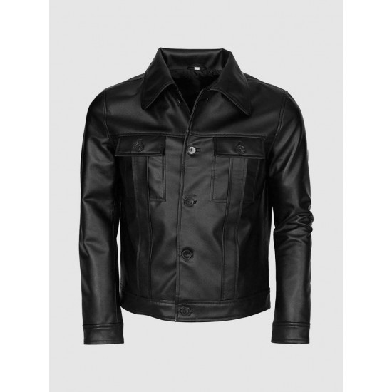 Black Leather Jacket for Men with Folded Collar