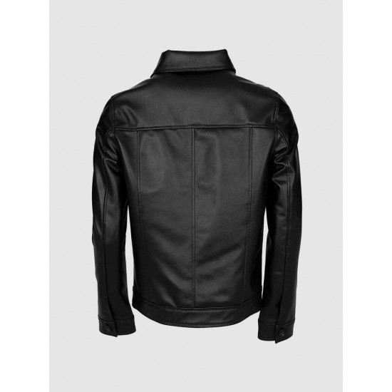 Black Leather Jacket for Men with Folded Collar