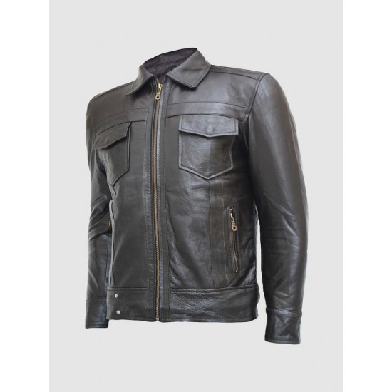 Black Leather Jacket with Classic Zipper