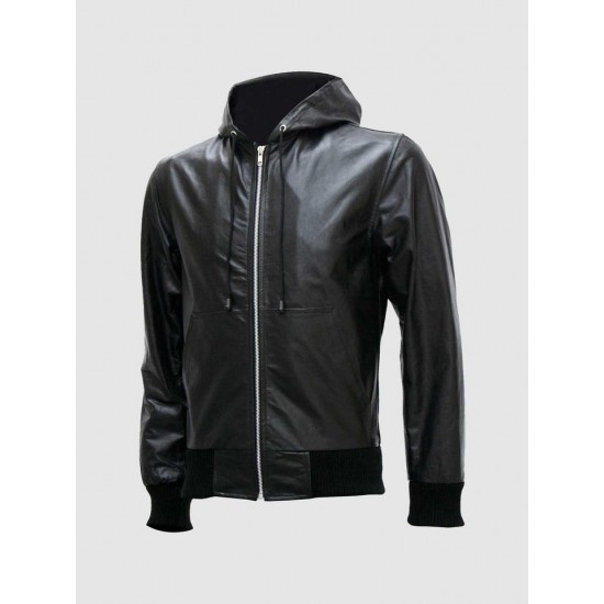 Black Leather Jacket with Hoodie