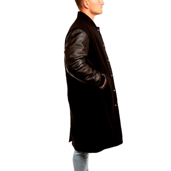 Black Wool Body & Black Leather Sleeves Letterman Coat