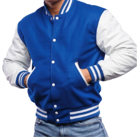 Blue Wool & White Genuine Leather Varsity Letterman Jacket