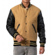 Camel Wool Body & Black Leather Sleeves Letterman Coat