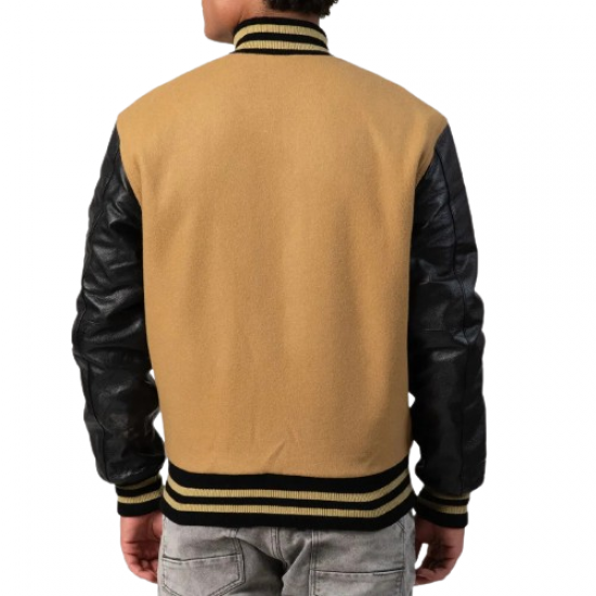 Camel Wool Body & Black Leather Sleeves Letterman Coat