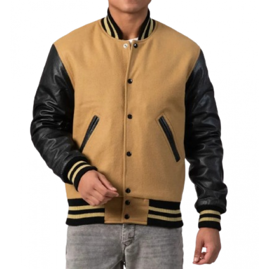 Camel Wool Body & Black Leather Sleeves Letterman Jacket