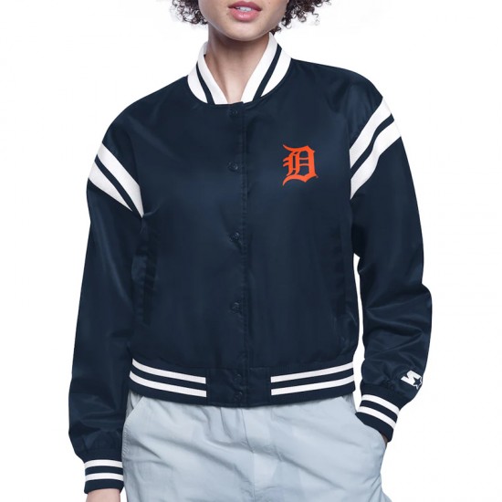 Detroit Tigers Printed Logo Navy Varsity Satin Jacket