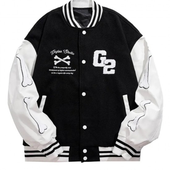 G2 Black Skeleton Print Varsity Jacket