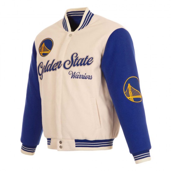 Golden State Warriors Cream and Blue Varsity Jacket