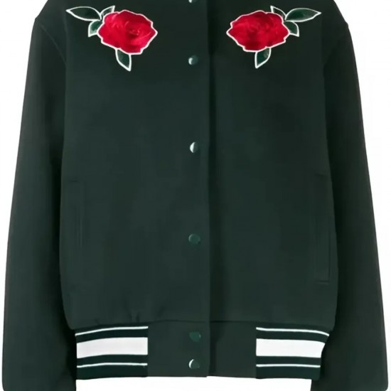 Green Rose Embroidered Varsity Jacket