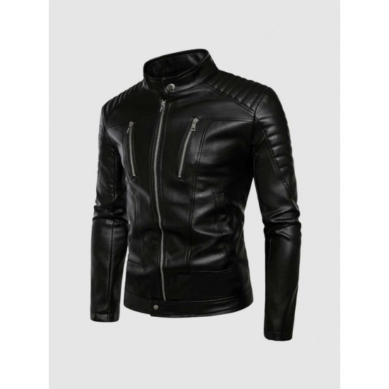 Leather Jacket with Stand-Up Collar