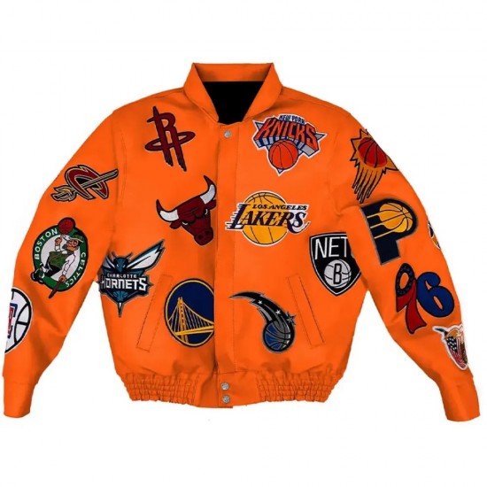 Leather NBA Team Collage Jeff Hamilton Orange Jacket