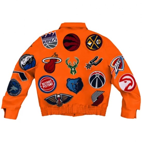 Leather NBA Team Collage Jeff Hamilton Orange Jacket