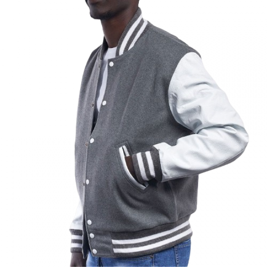 Light Oxford Wool Body & Bright White Leather Sleeves Letterman Jacket