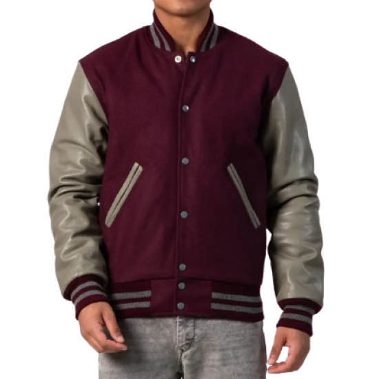 Maroon Body & Grey Leather Sleeves Letterman Jacket