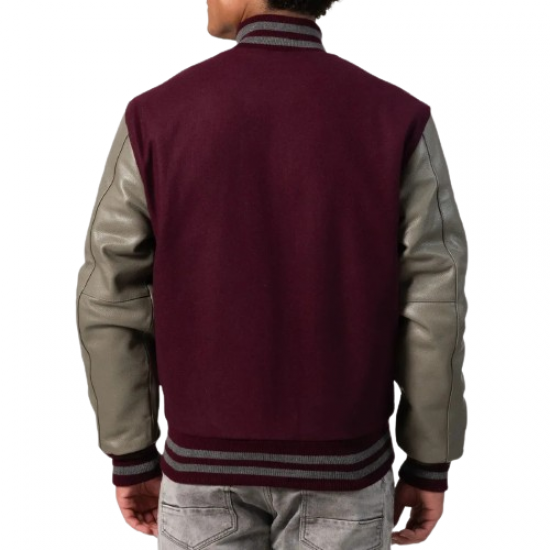 Maroon Body & Grey Leather Sleeves Letterman Jacket