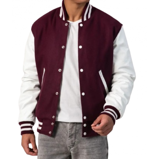 Maroon Wool Body & Bright White Leather Sleeves Letterman Jacket