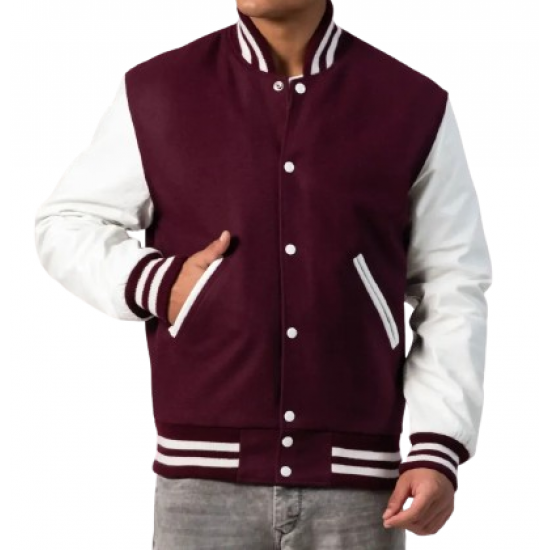 Maroon Wool Body & Bright White Leather Sleeves Letterman Jacket