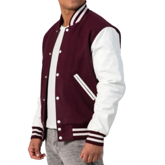 Maroon Wool Body & Bright White Leather Sleeves Letterman Jacket