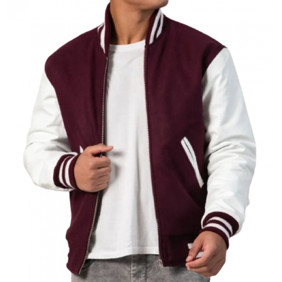 Maroon Wool Body & White Leather Sleeves Letterman Jacket With Zipper