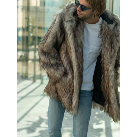 Men's Beige Coyote Faux Fur Jacket with Oversized Hood Burner Coat