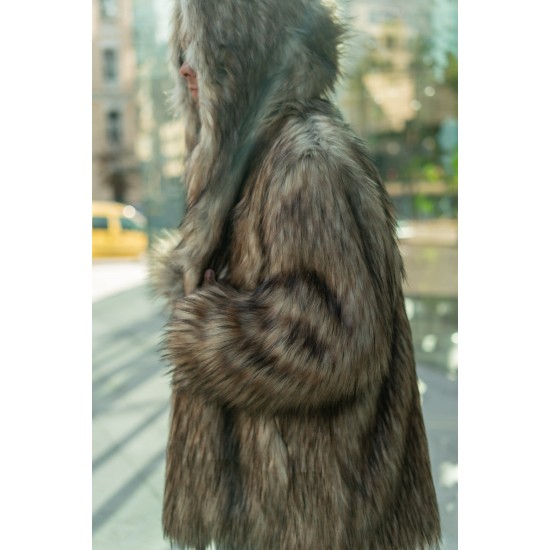 Men's Beige Coyote Faux Fur Jacket with Oversized Hood Burner Coat