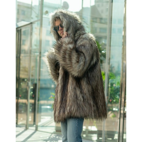 Men's Beige Coyote Faux Fur Jacket with Oversized Hood Burner Coat