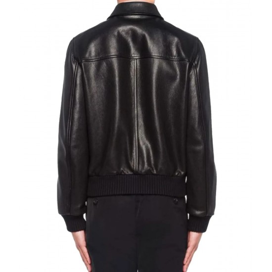 Men’s Black Elasticated Bomber Leather Jacket