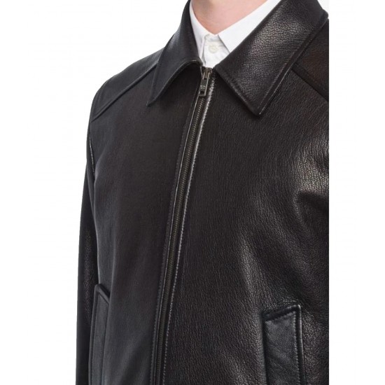 Men’s Black Elasticated Bomber Leather Jacket