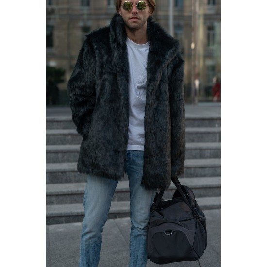 Men's Black Faux Fur Short Winter Coat with Collar