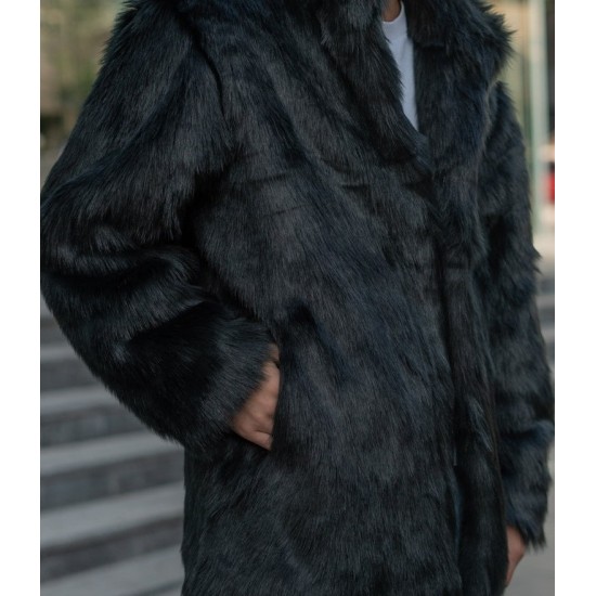 Men's Black Faux Fur Short Winter Coat with Collar