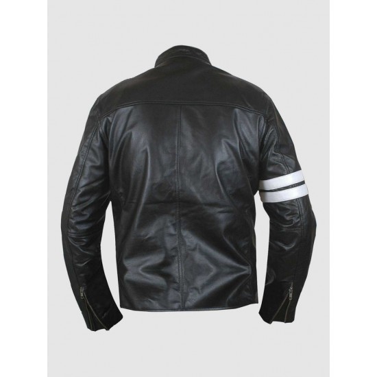 Men's Black Leather Jacket with White Stripes