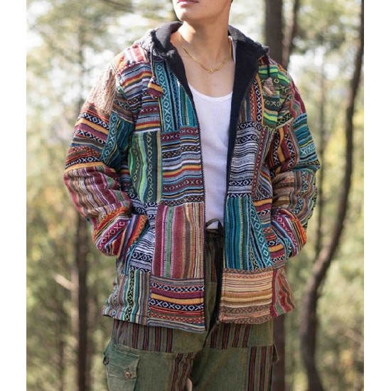 Men's Boho Patchwork Fleece-Lined Winter Jacket