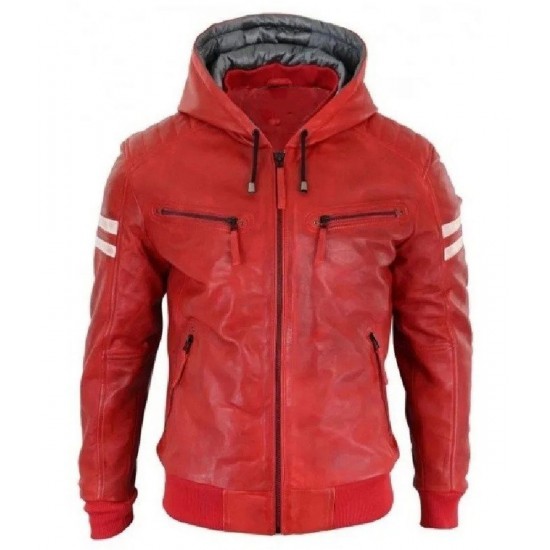 Men’s Bomber Red Leather Biker Hooded