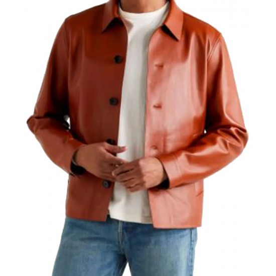 Men’s Brown Leather Blouson Jacket with Shirt Collar