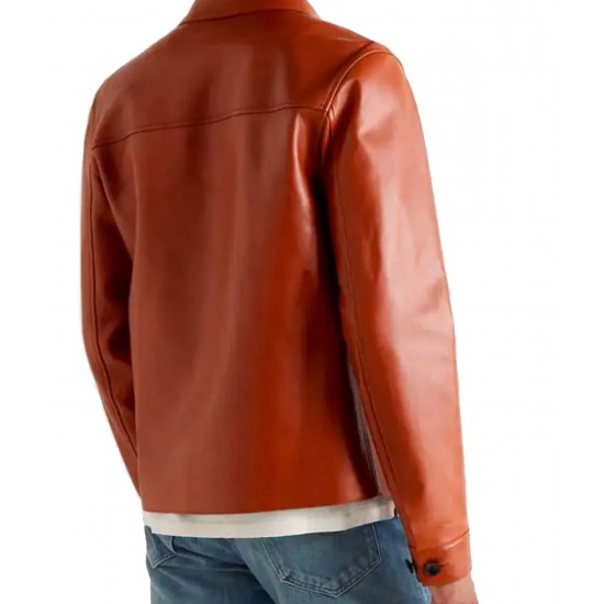 Men’s Brown Leather Blouson Jacket with Shirt Collar