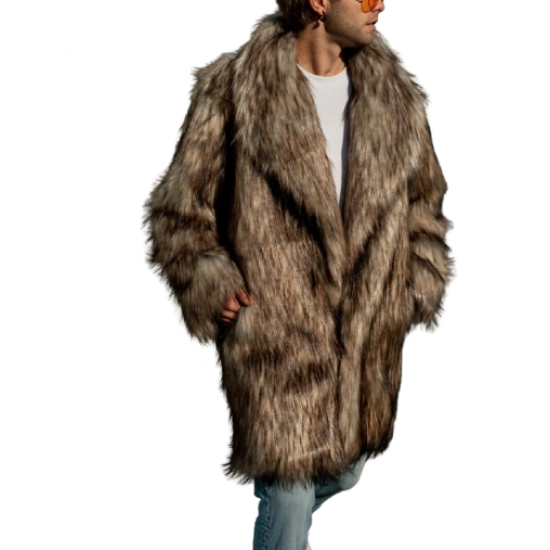 Men's Collared Coyote Faux Fur Shawl Collar Midi Coat Jacket