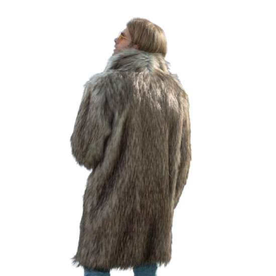 Men's Collared Coyote Faux Fur Shawl Collar Midi Coat Jacket