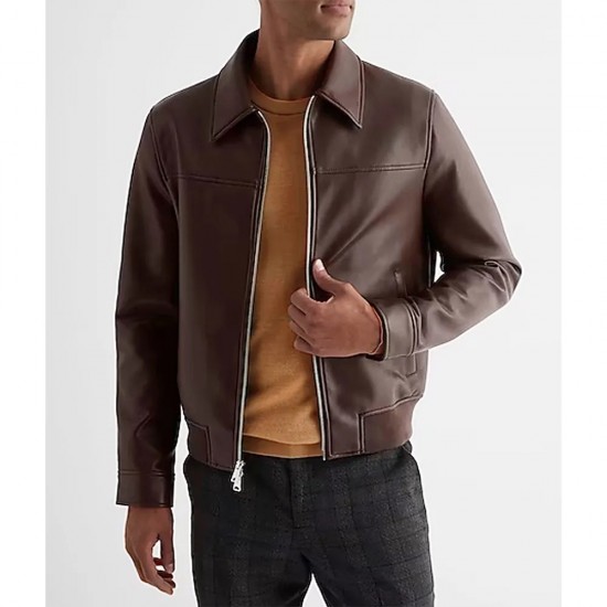 Men’s Faux Leather Jacket with Brown Shirt Collar