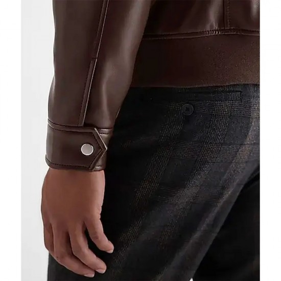 Men’s Faux Leather Jacket with Brown Shirt Collar