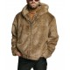 Men's Gray Wolf Faux Fur Bomber with Oversized Hood - Short Furry Hooded Jacket