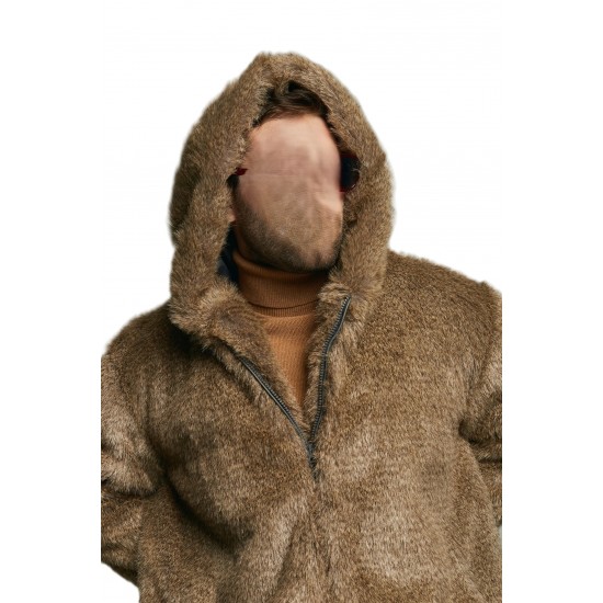 Men's Gray Wolf Faux Fur Bomber with Oversized Hood - Short Furry Hooded Jacket