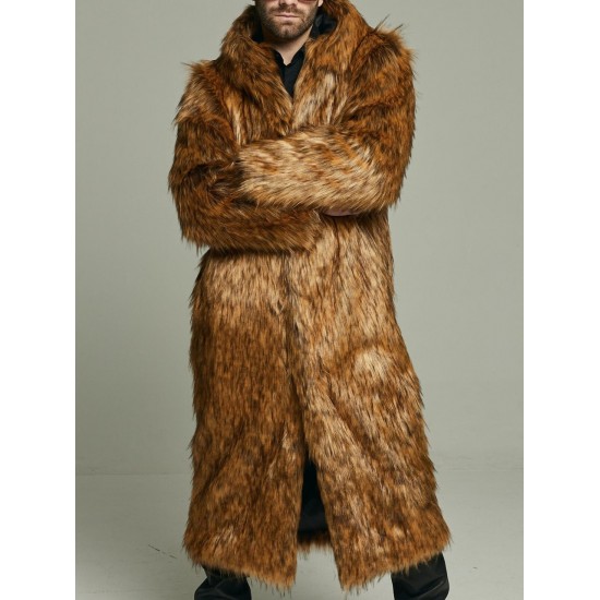 Men's Long Fox Faux Fur Coat with Oversized Hood