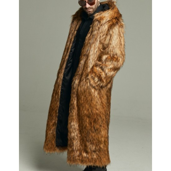 Men's Long Fox Faux Fur Coat with Oversized Hood