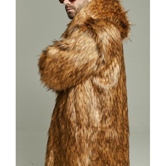 Men's Long Fox Faux Fur Coat with Oversized Hood